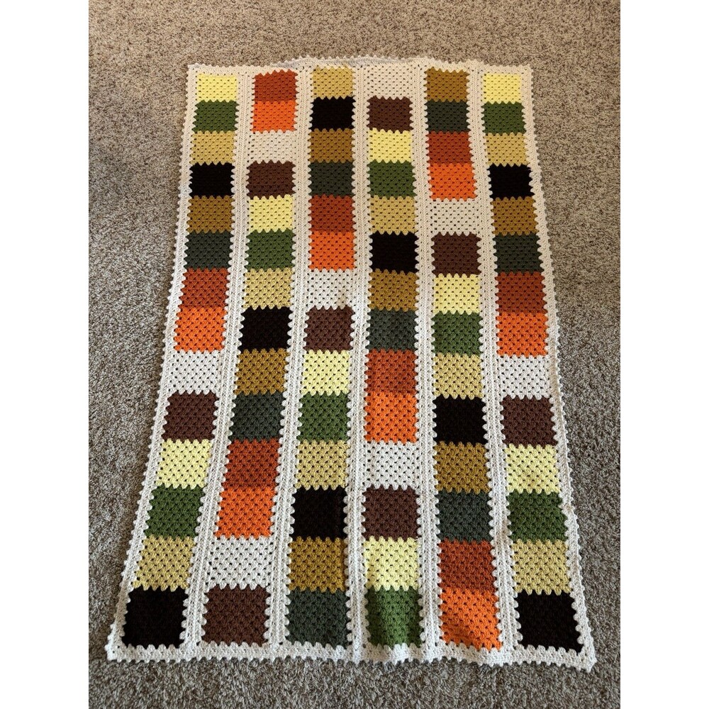 Vtg Granny 84 Square Afghan Hand Crochet Knit Blanket Throw 42x64 Earthy Colors
